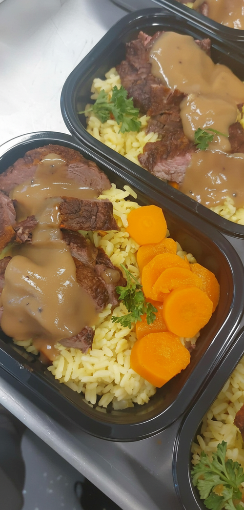 Bavette de boeuf, riz grecque 375 gr